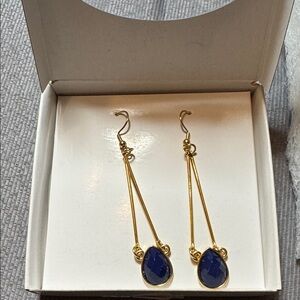 Gold Dangle Earrings with Deep Blue Teardrop Stones